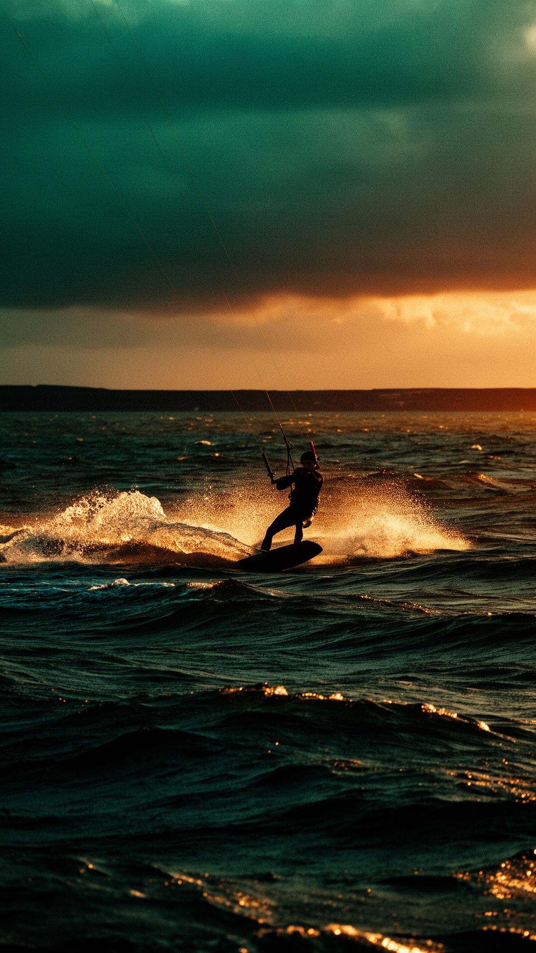 Kitesurfer carving across UK coastal water at golden hour